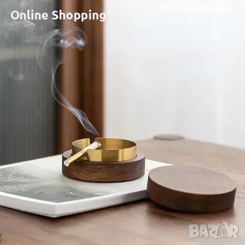 Дървен пепелник с капак, от стомана и дърво, златист, сребрист и черен, снимка 9 - Други стоки за дома - 50393298