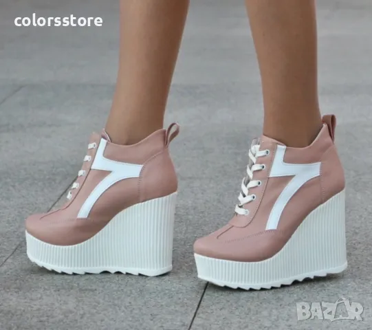 Кецове на платформа - бежова кожа с бяла лента - NO4