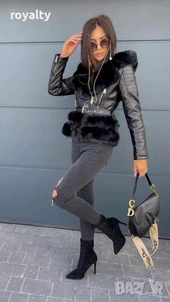Дамско черно кожено яке с пух, снимка 1