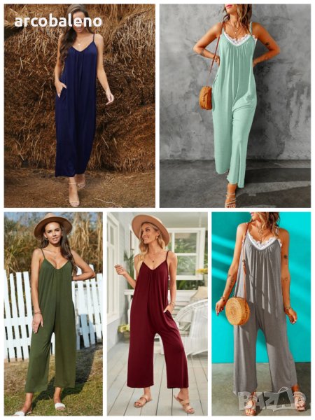 Свободен дамски семпъл гащеризон с широки крачоли, 12цвята, снимка 1