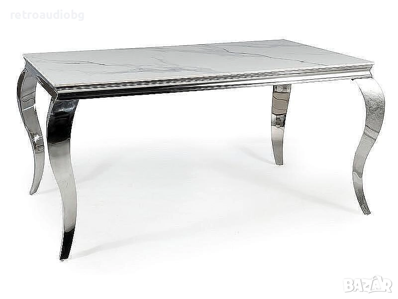  Трапезна маса ПРИНЦ 150x90 керамика бяла калаката - хром, снимка 1