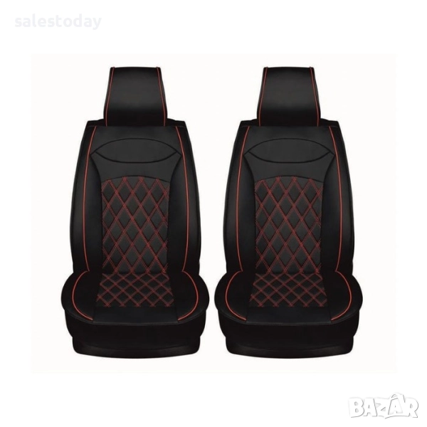 Калъфи за предни седалки, 2бр. протектори от еко кожа, червен кант, снимка 1