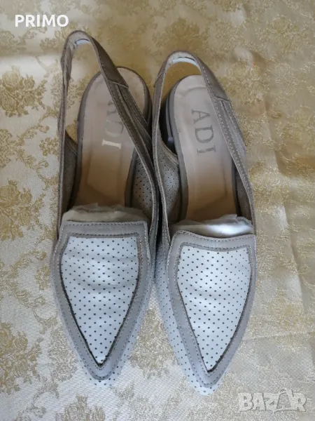 Ежедневни дамски обувки – отворена пета Lara от естествена кожа с перфорация в таупе и бежово, снимка 1