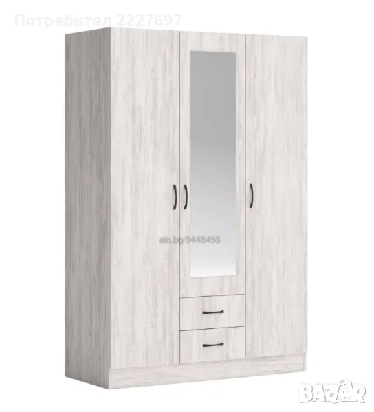 Трикрилен гардероб с две чекмеджета и огледало-Аполо 11, ПДЧ, снимка 1