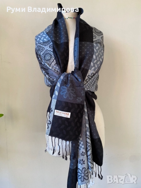 Кариран черно/ сив шал от 70 % пашмина и 30 % коприна, снимка 1