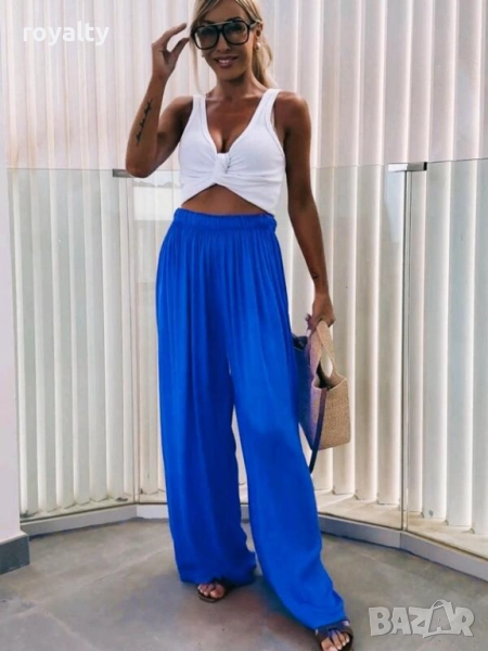 Дамски син панталон с широки крачоли, снимка 1