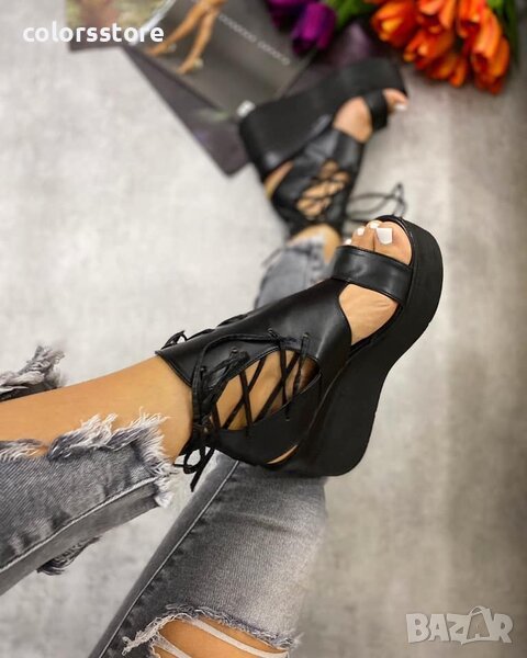 Сандали на платформа - черна кожа черно ходило - 3420, снимка 1