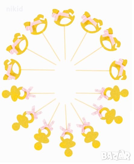 6 Конче Биберон картонени златисти топери с панделка бебешки украса декор за кексчета мъфини хапки , снимка 1