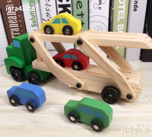 Подвижен Дървен Автовоз камион с 4 колички и голяма дървена платформа , снимка 2 - Образователни игри - 36583993