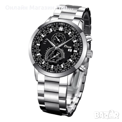 Мъжки кварцов часовник Hkun – сребрист или златист корпус, черен циферблат, календар, снимка 2 - Мъжки - 52348222
