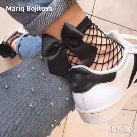 Къси чорапи от черна мрежа, с панделка, снимка 5 - Дамски чорапи - 49327483