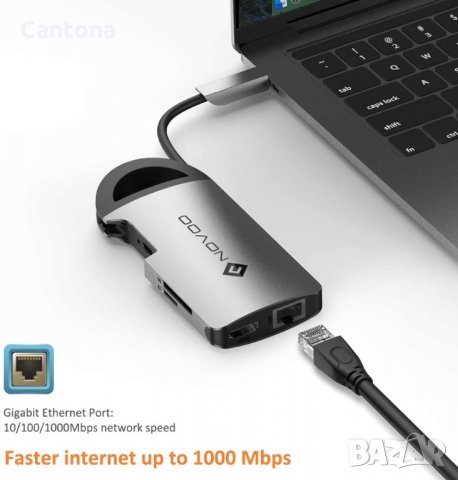 NOVOO USB C хъб 8 в 1, алуминиев корпус, HDMI 4K, 3 USB 3.0, Gigabit Ethernet 1000Mbps, PD Type C, S, снимка 6 - Други - 35381194