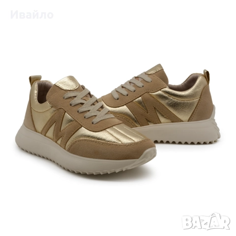 Дамски спортни обувки от естествена кожа и велур в златисто и бежово, снимка 3 - Дамски ежедневни обувки - 52097144