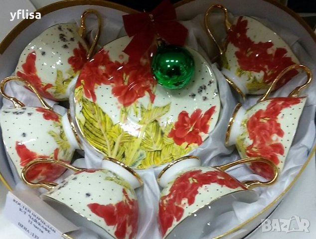 Чаши с чинийки с червени цветя от костен порцелан , снимка 4 - Подаръци за жени - 27210077