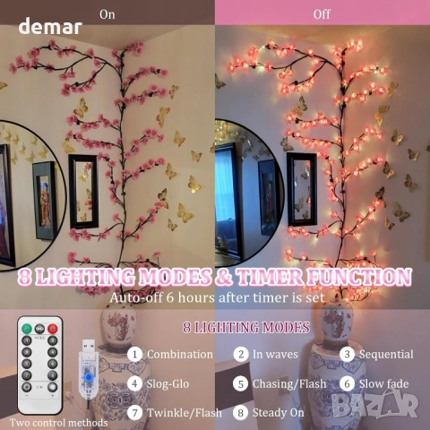 Направи си сам лампички с черешов цвят, 2,3 метра 144 LED, 8 режима, дистанционно, снимка 3 - Лед осветление - 52736882