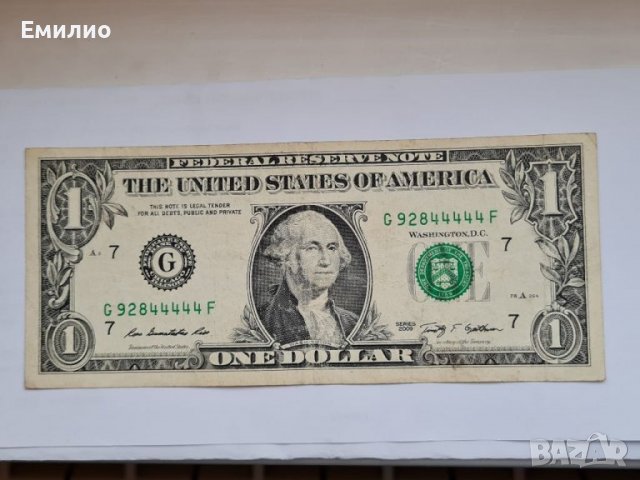 RARE. USA 🇺🇸 $ 1 DOLLAR 2009 S/N  ×××44444, снимка 2 - Нумизматика и бонистика - 36960106