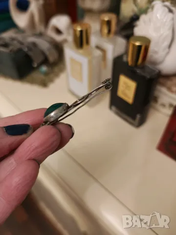 Масивна Стара сребърна брошка с естествен малахит, снимка 3 - Други - 49134052