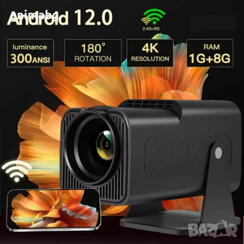 ANIMABG Мини смарт android 12, Мултимедиен LED проектор, снимка 7 - Друга електроника - 48596629