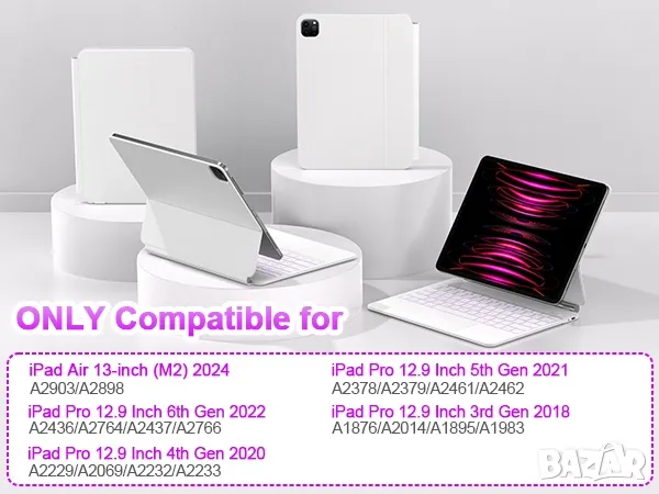 Калъф с магнитна клавиатура за iPad Air 13 инча 2024 M2,iPad Pro 12,9 инча (6-то/5-то/4-то/3-то), снимка 8 - Таблети - 49661184