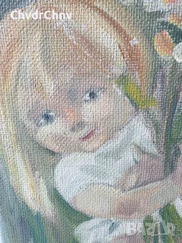 46x35см наивизъм/2бр шведска картина масло върху платно/момиченце с цветя/момченце художник, снимка 2 - Картини - 46846778