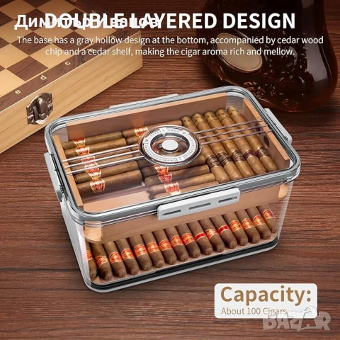 Прозрачен хумидор за пури от полипропилен в три размера със дигитален хидрометър, снимка 7 - Други - 50997392