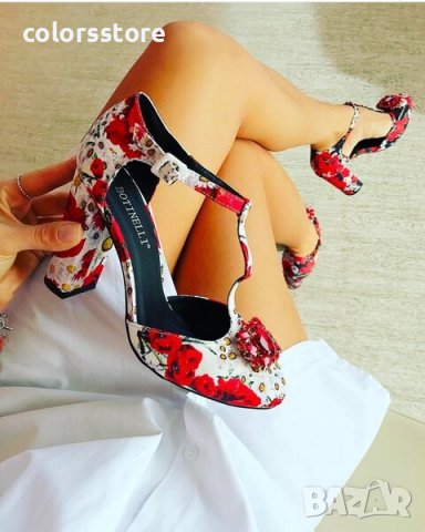 Сандали на ток - черни с цветя - DGM2, снимка 3 - Сандали - 32369315