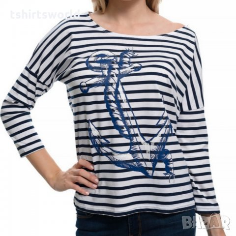Нова дамска моряшка блуза с паднало рамо, трансферен печат Котва, снимка 8 - Блузи с дълъг ръкав и пуловери - 28375572