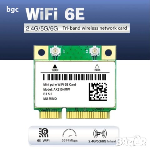 Нова Intel AX210HMW ТРИЛЕНТОВА 6GHz Wi-Fi Мрежова Безжична Карта Wi-Fi 6E Bluetooth 5.3 Win10/11, снимка 9 - Мрежови адаптери - 43845264