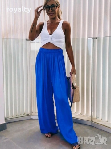 Дамски син панталон с широки крачоли