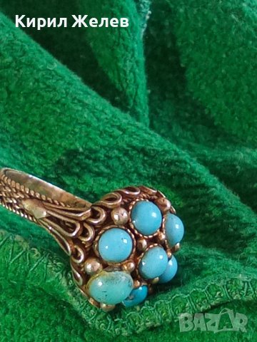 СТАРИНЕН СРЕБЪРЕН ТЮРКОАЗЕН ВЪЗРОЖДЕНСКИ ПРЪСТЕН ЕСТЕСТВЕН ТЮРКОАЗ СРЕБРО КУЮМДЖИЙСКА РАБОТА 22627, снимка 7 - Антикварни и старинни предмети - 33045324