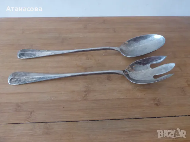 Дълги посребрени прибори за салата 31 см 1950 г, снимка 2 - Прибори за хранене, готвене и сервиране - 48970336