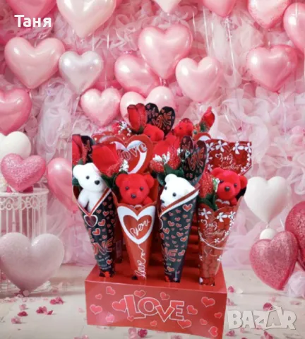 Романтичен букет с плюшено мече и роза, снимка 2 - Плюшени играчки - 48846075