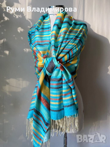 Тюркоазено син шал от коприна, кашмир, вълна, памук/ ралични видове, снимка 15 - Шалове - 47418018