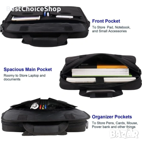 Чанта за лаптоп Taygeer 15,6", черна, премиум материал, водоустойчива, с презрамка и органайзер, снимка 4 - Чанти - 53255746