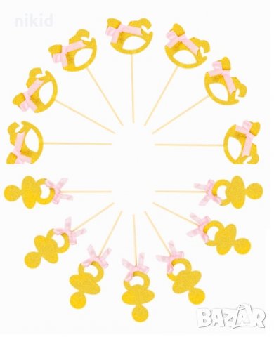 6 Конче Биберон картонени златисти топери с панделка бебешки украса декор за кексчета мъфини хапки 