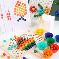 Rainbow wooden clip beads мултифункционална игра с мъфини, топчета и шаблони от дърво , снимка 13 - Образователни игри - 37478078