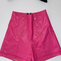 Нови кожени къси панталони бонбонено розови с висока талия , снимка 9 - Къси панталони и бермуди - 39840459