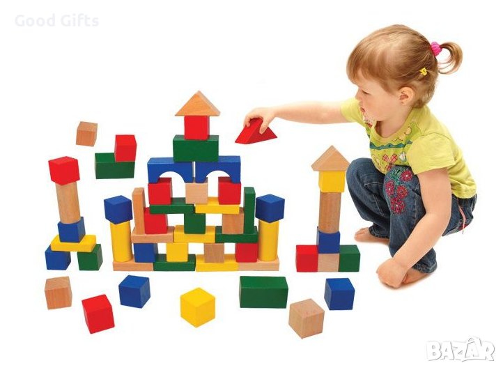 Цветни Дървени кубчета в кофа, 50 части Дървен конструктор, снимка 1