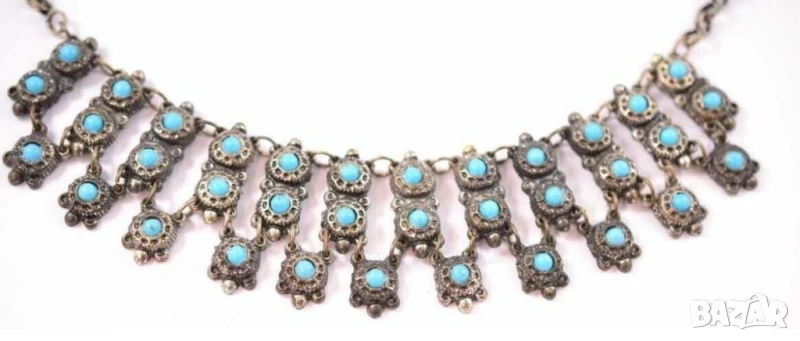 Стар колие гердан за народна носия със  светлосини камъни фолклор, снимка 1