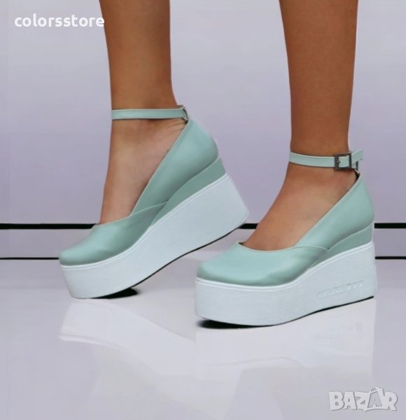 Обувки на платформа - мента кожа с бяло ходило - 125K, снимка 1