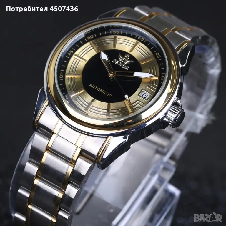 SEWOR автоматичен механичен часовник,Удароустойчив,Дата,Кубичен цирконий,неръждаема стомана, снимка 1