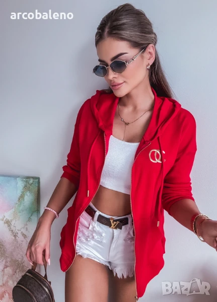 Дамски червен памучен суичър с цип , снимка 1