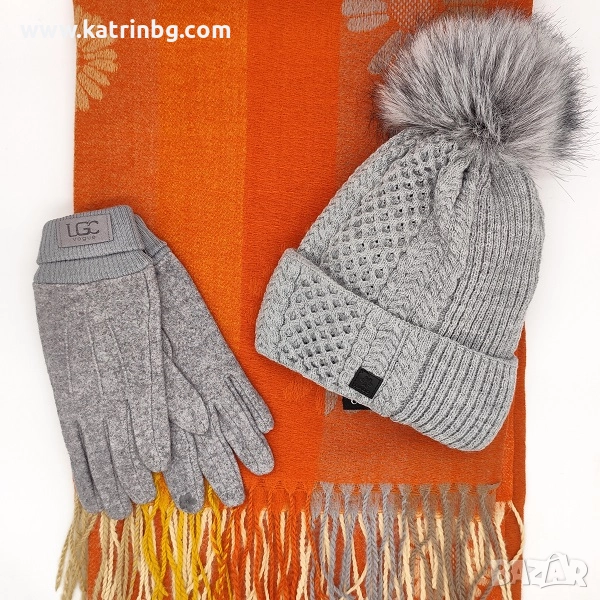 Стилен комплект шапка, шал и ръкавици за жена в сиво и оранжево Код на продукта:DAK-0034, снимка 1