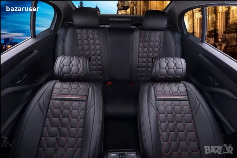 К-т Черна Кожена Тапицерия(Калъфи за Седалки) Подходящ за всички автомобили, снимка 1