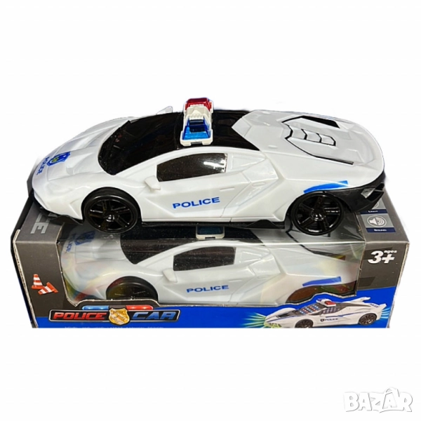 Полицейска кола с 3D светлини и звук – Бяла, въртяща се на 360 градуса, снимка 1