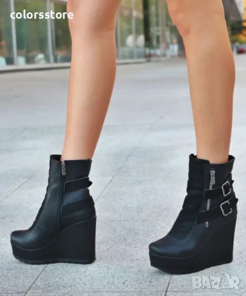 Боти на платформа - черна кожа и велур - B2001, снимка 1