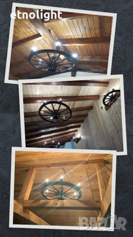 Полилеи, осветление от автентични реставрирани колела от каруца с ръчно изработени дървени чашки , снимка 4 - Полилеи - 49968867