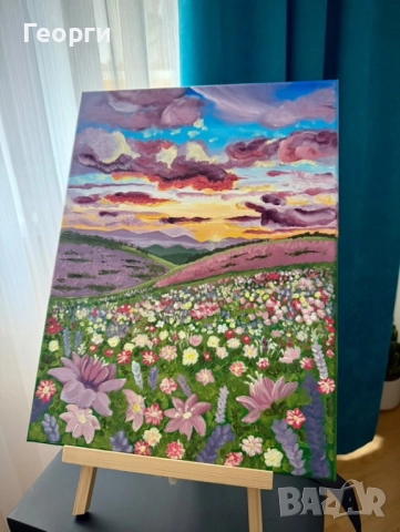 Ръчно рисувана картина – „Цветна долина при залез“, снимка 2 - Картини - 51871562