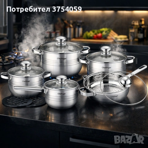 Комплект съдове за готвене 12 части Cheffinger, с индукционно дъно и стъклени капаци , снимка 4 - Съдове за готвене - 53174359