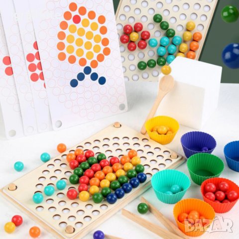 Rainbow wooden clip beads мултифункционална игра с мъфини, топчета и шаблони от дърво , снимка 13 - Образователни игри - 37478078